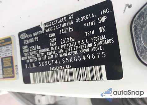 2019 Kia Optima Lx из США, поврежденный, VIN 5XXGT4L35KG349675